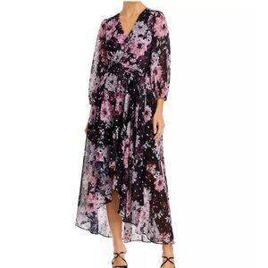Eliza J Black Silver and Pink Floral High Low Maxi Dress